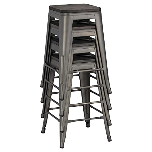 Yaheetech 24inch Metal Bar Stools Counter Height Barstools High Backless Industrial Stackable Metal Chairs with Wood Seat/Top Indoor/Outdoor Set of 4, Gun Metal
