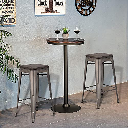 Yaheetech 24inch Metal Bar Stools Counter Height Barstools High Backless Industrial Stackable Metal Chairs with Wood Seat/Top Indoor/Outdoor Set of 4, Gun Metal