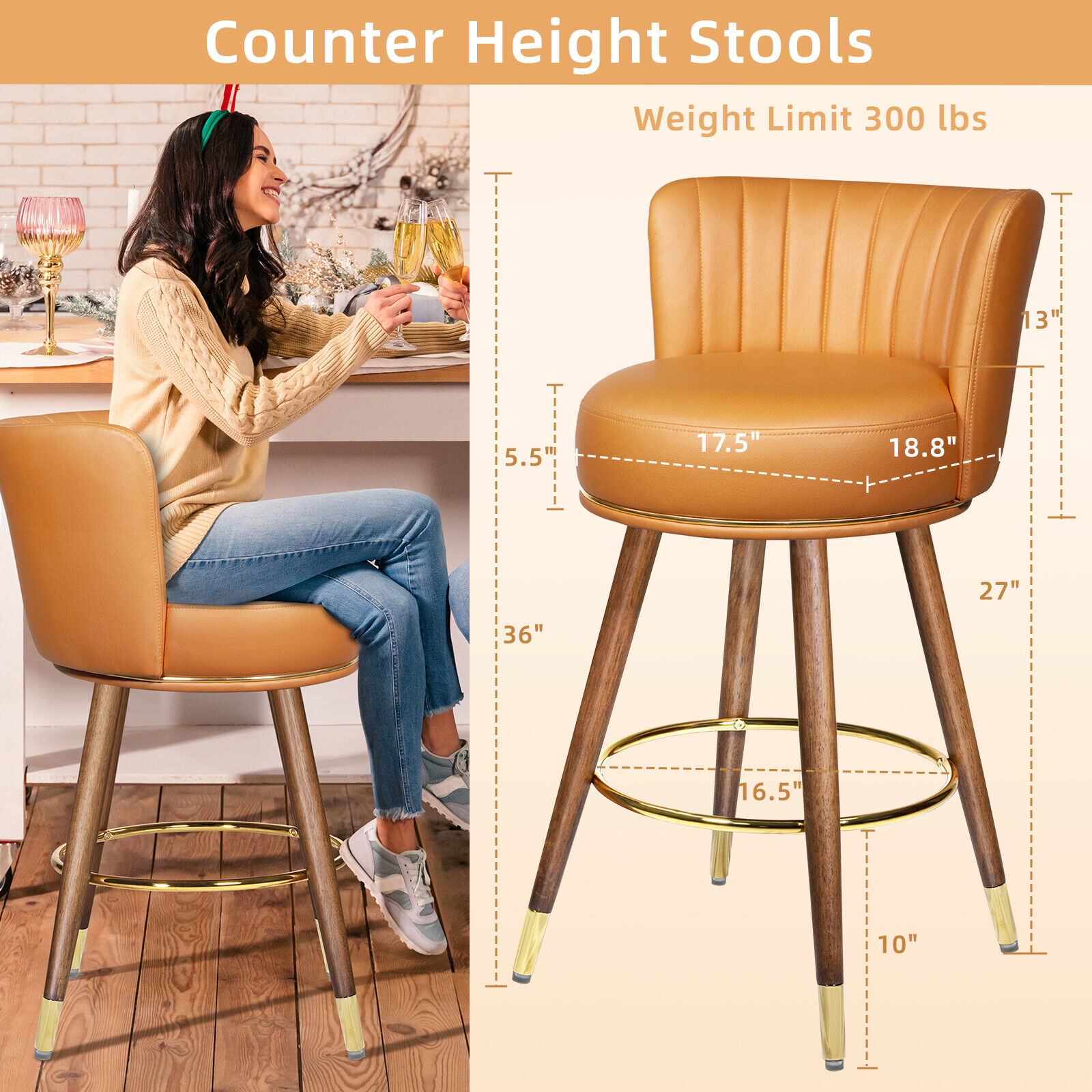 Set of 4 Bar Stools Swivel Leather Counter Height Stool Kitchen Dining Chairs