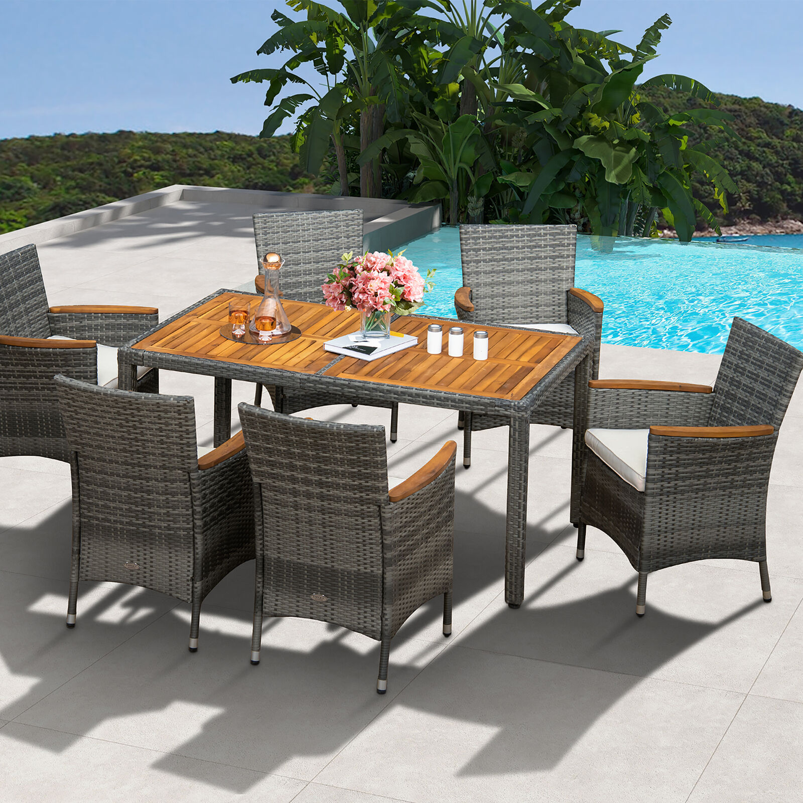 7PC Outdoor Patio Acacia Wood Rattan Dining Set