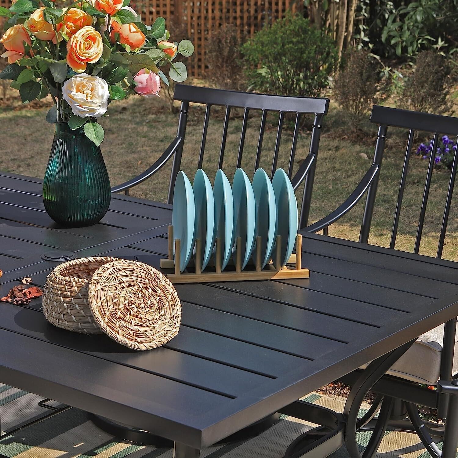 7 Piece Outdoor Patio Dining Set Stackable Chairs