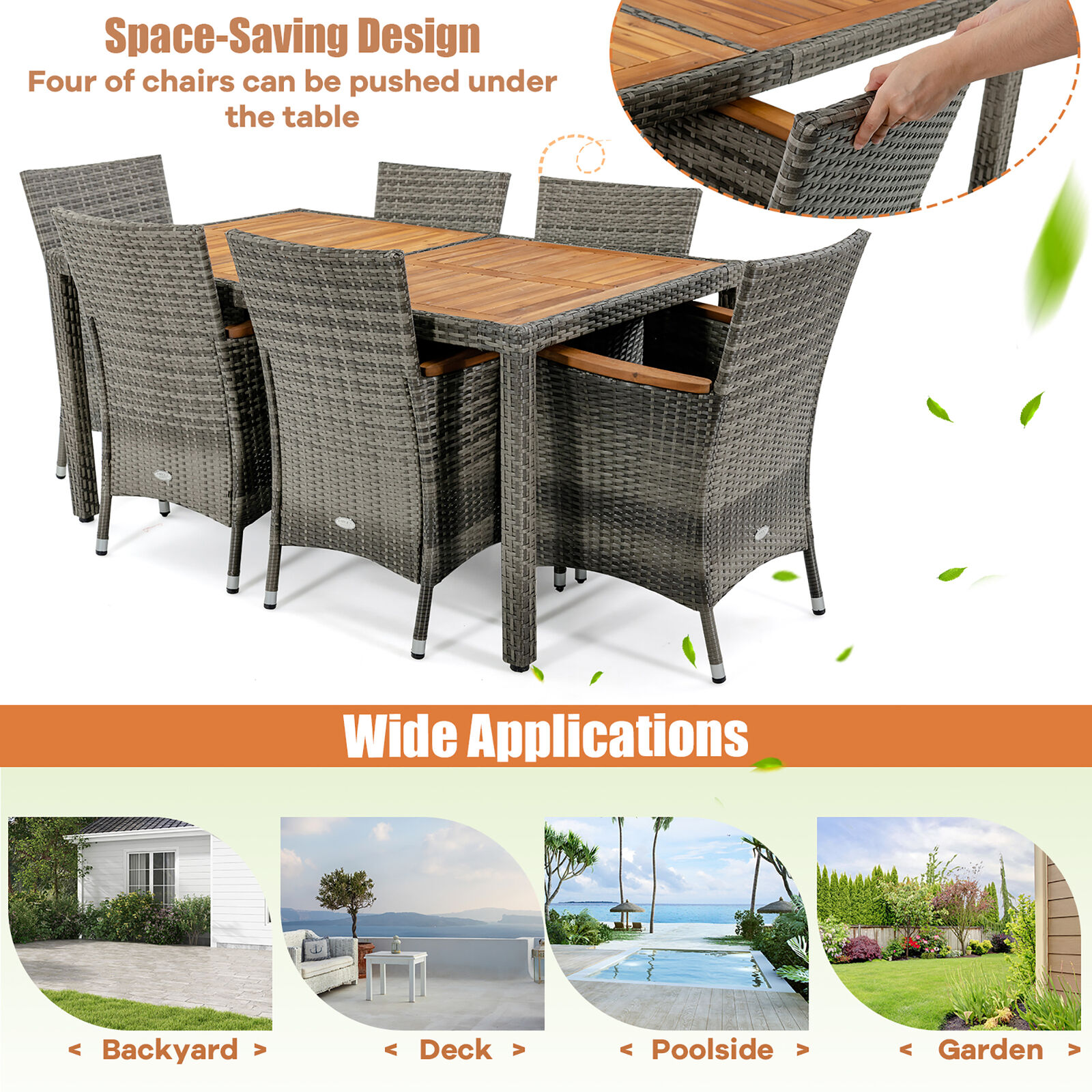 7PC Outdoor Patio Acacia Wood Rattan Dining Set