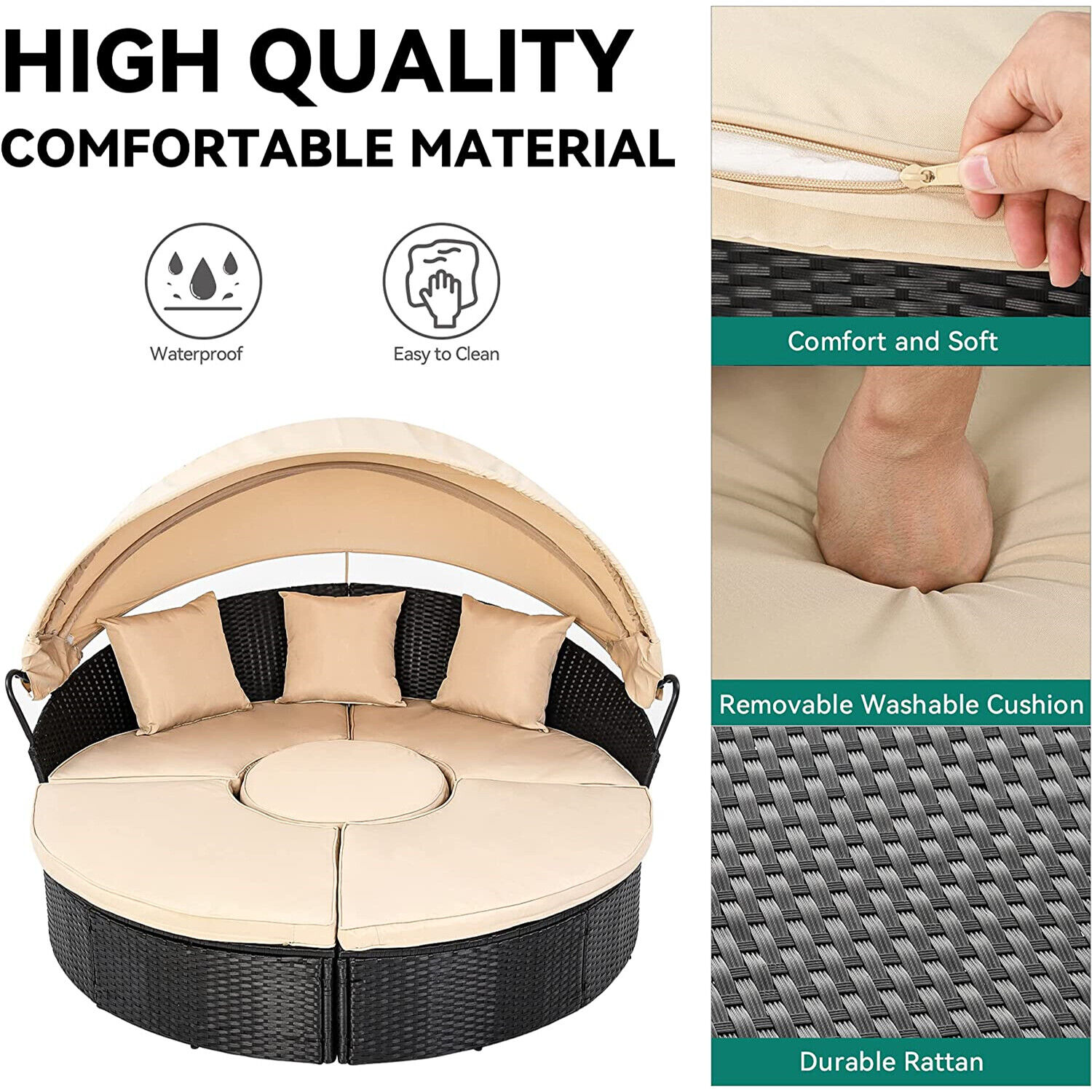 Rattan Wicker Round Outdoor Patio Daybed with Canopy