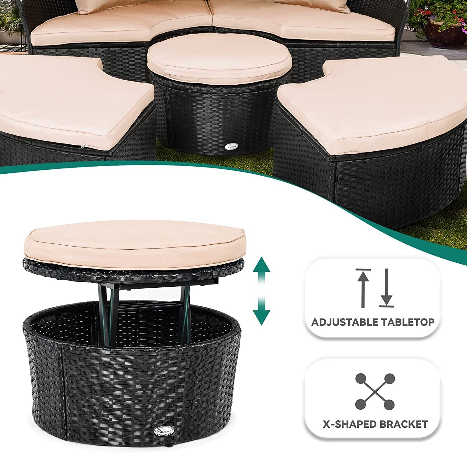 Rattan Wicker Round Outdoor Patio Daybed with Canopy