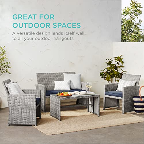Outdoor Wicker Patio Conversation Furniture Set - Gray Wicker/Navy Cushions