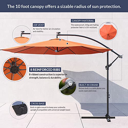BELLEZE 10FT Cantilever Patio Umbrella with Cross Base, Offset Outdoor Umbrella with 8 Ribs, Tilt Crank, UV Protection Hanging Umbrella for Market Garden Deck Backyard Beach Pool Shade- Orange