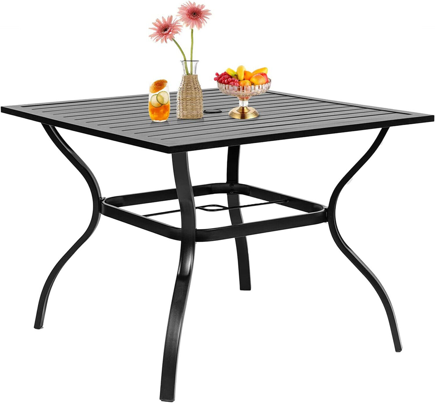 PHI VILLA Outdoor Dining Table with Umbrella Hole Metal Patio Table Square Black