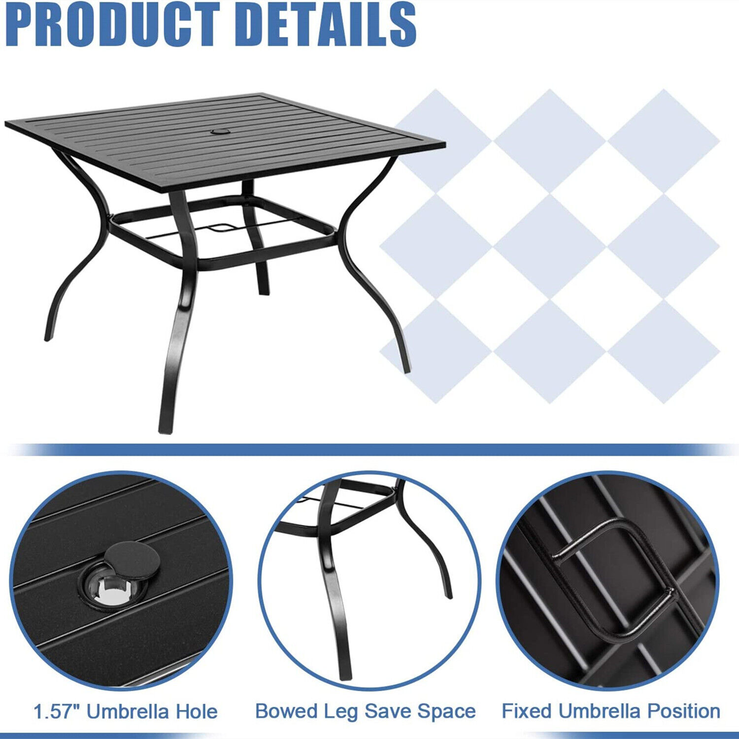 PHI VILLA Outdoor Dining Table with Umbrella Hole Metal Patio Table Square Black