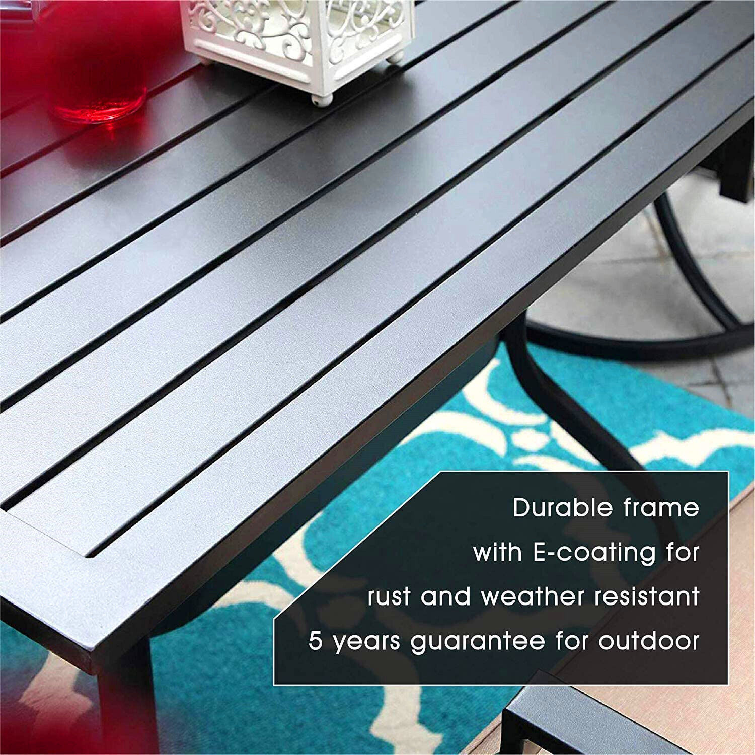 PHI VILLA Outdoor Dining Table with Umbrella Hole Metal Patio Table Square Black