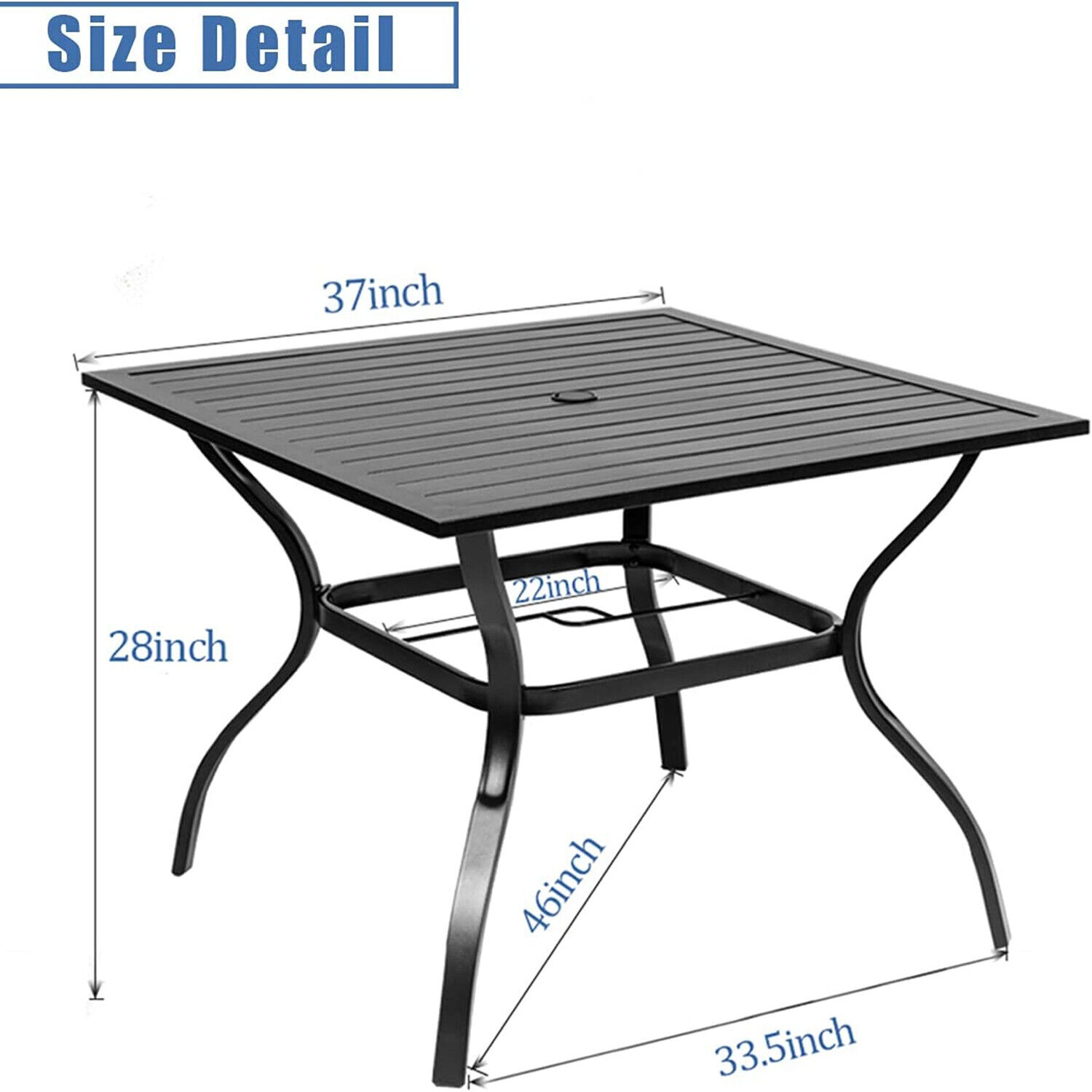 PHI VILLA Outdoor Dining Table with Umbrella Hole Metal Patio Table Square Black