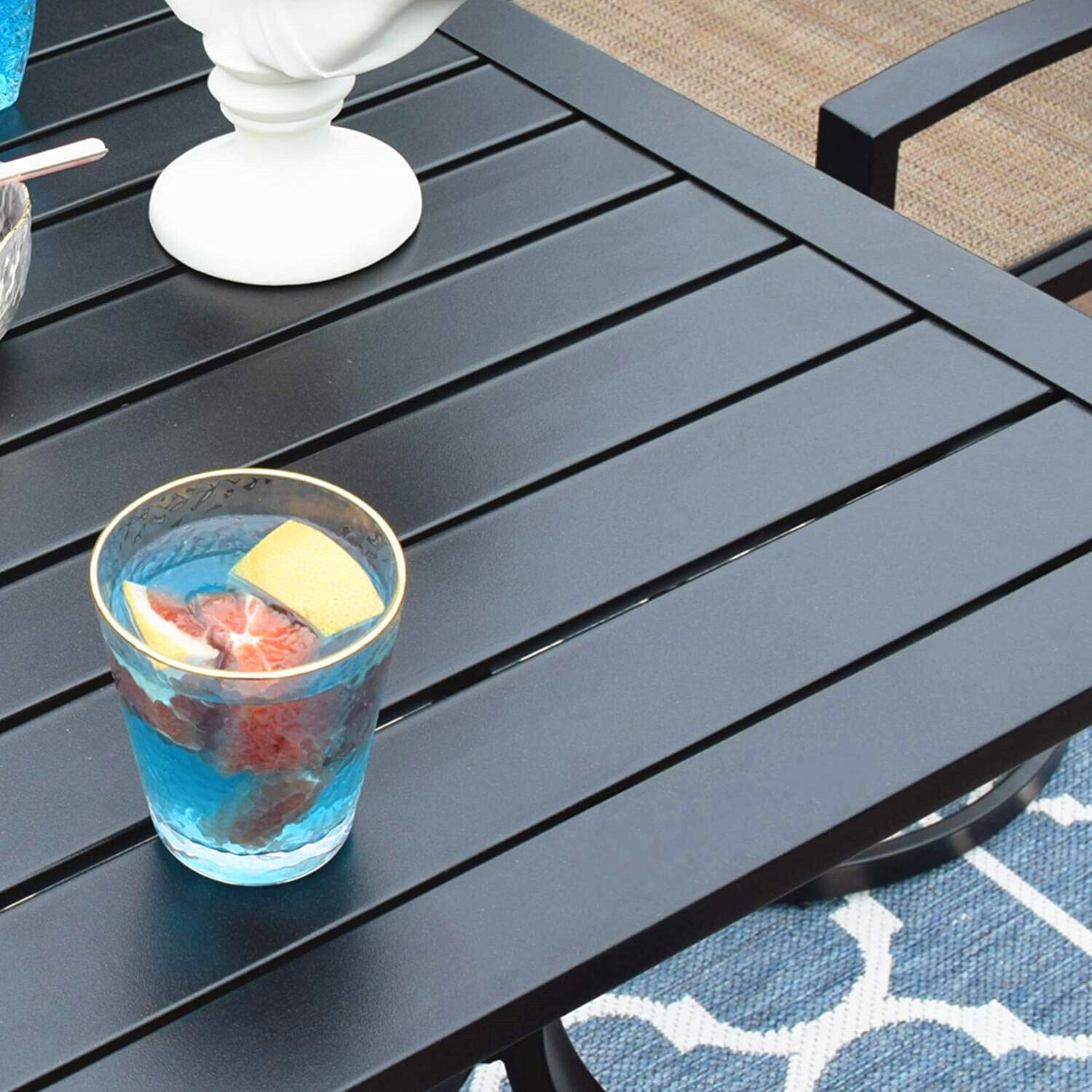 PHI VILLA Outdoor Dining Table with Umbrella Hole Metal Patio Table Square Black