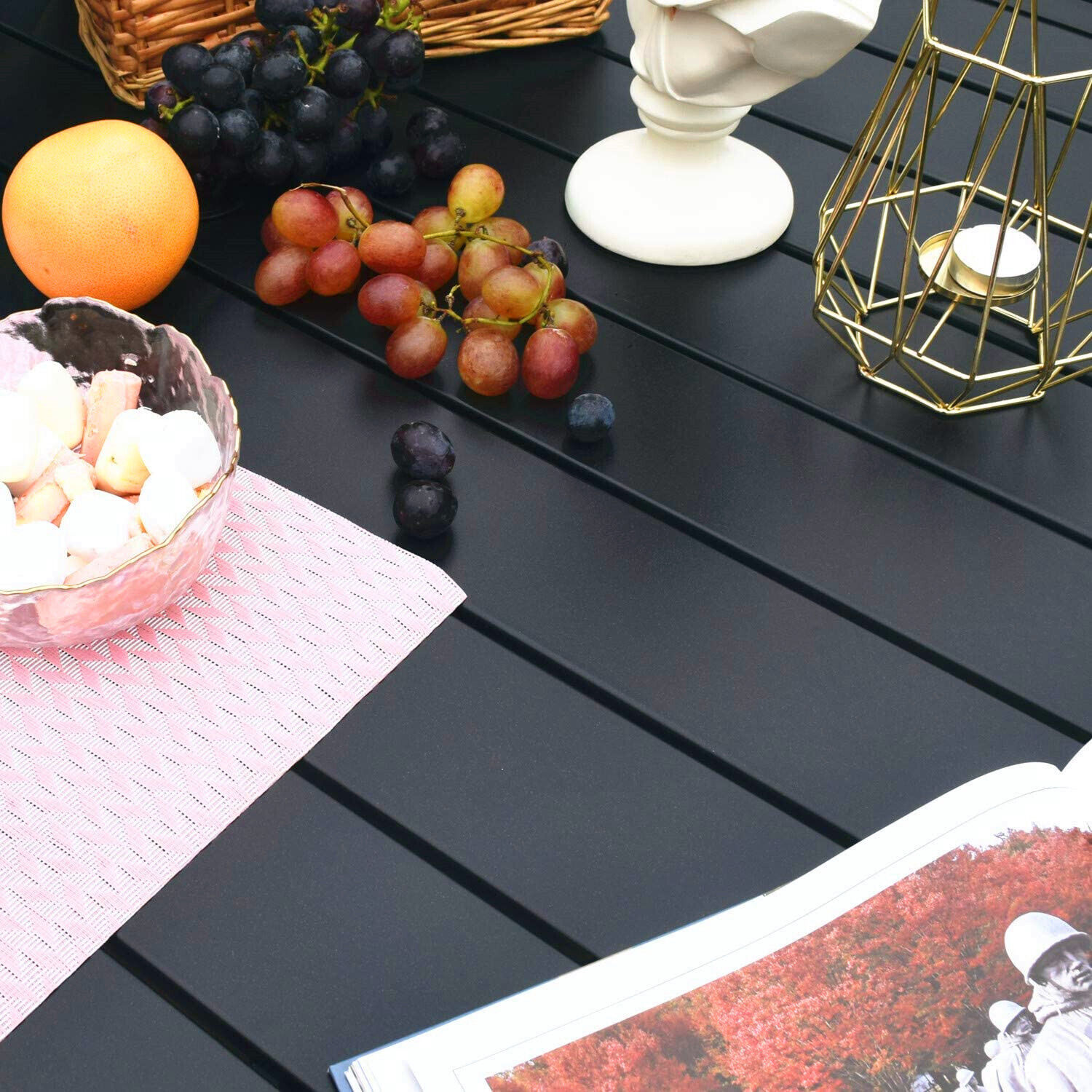 PHI VILLA Outdoor Dining Table with Umbrella Hole Metal Patio Table Square Black