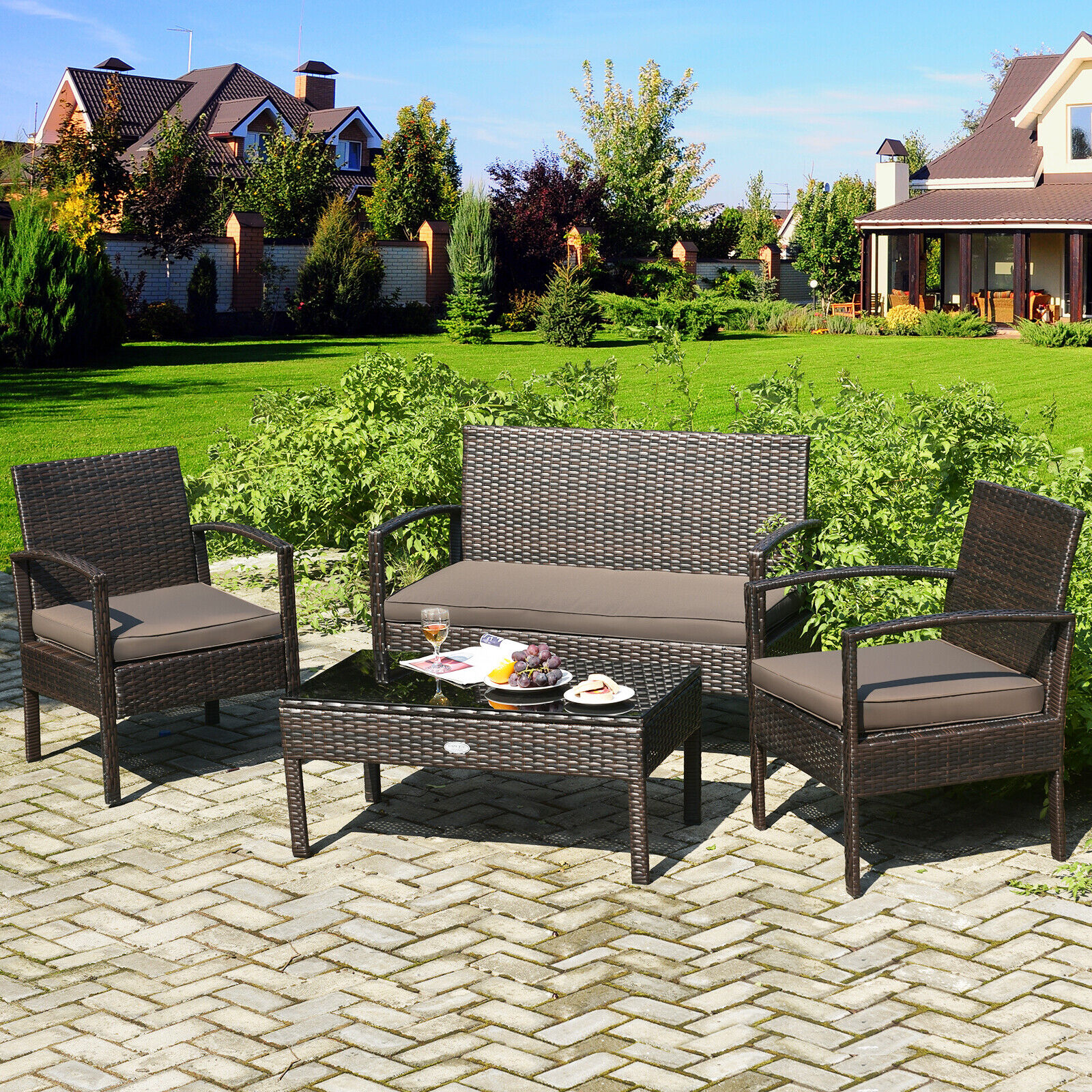 Outdoor Patio Rattan Furniture Set with Cushioned Sofa