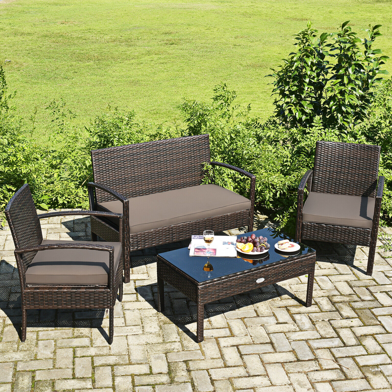 Outdoor Patio Rattan Furniture Set with Cushioned Sofa