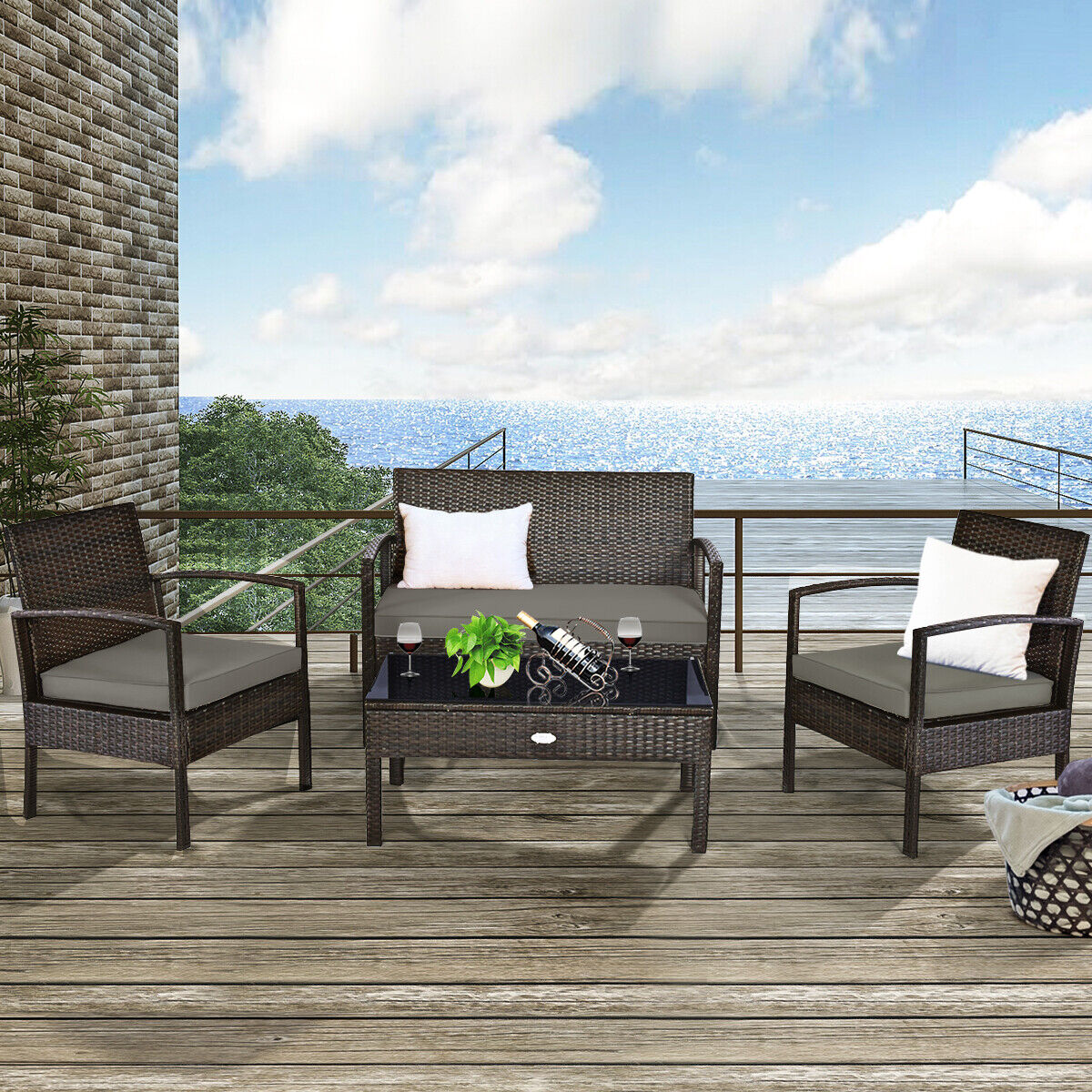 Outdoor Patio Rattan Furniture Set with Cushioned Sofa