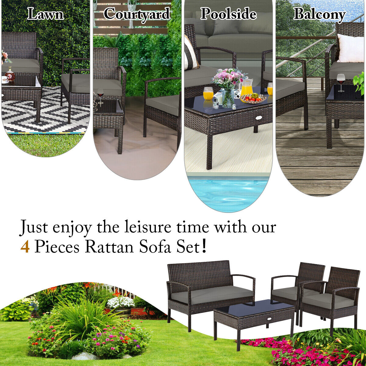Outdoor Patio Rattan Furniture Set with Cushioned Sofa
