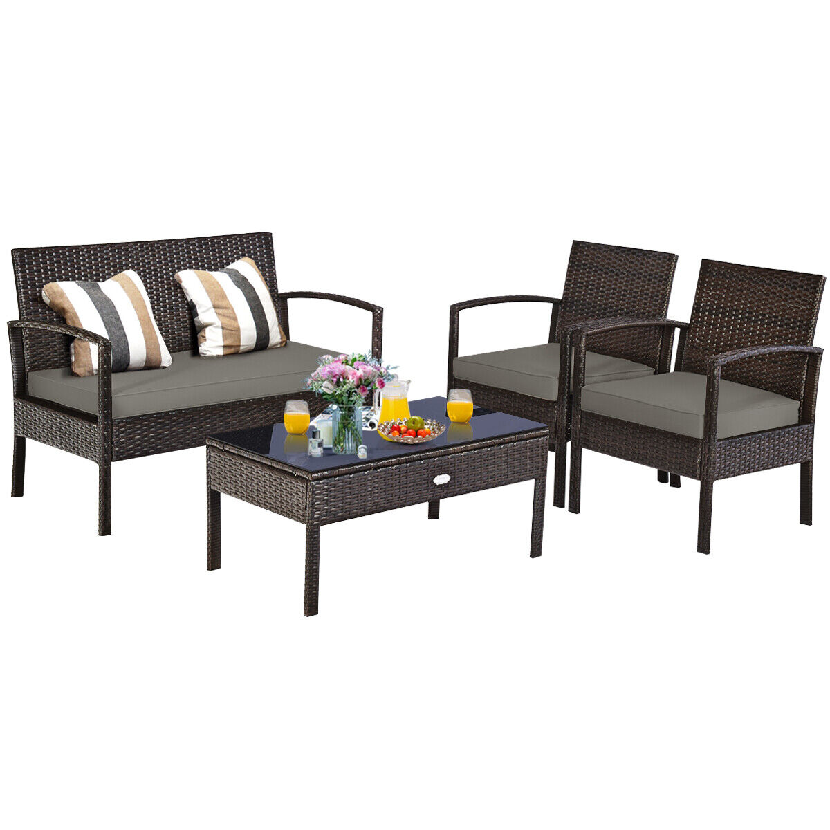 Outdoor Patio Rattan Furniture Set with Cushioned Sofa