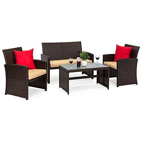 4-Piece Outdoor Wicker Patio Furniture Set - Brown Wicker/Beige Cushions
