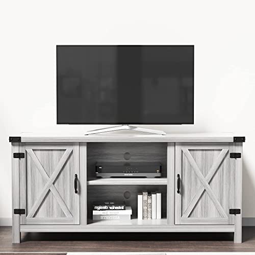 JUMMICO Farmhouse TV Stand for 65 Inch TV, Mid Century Modern Television Stand Entertainment Center for Living Room Bedroom, TV Console Table with Double Barn Doors and Storage Cabinets (Grey)
