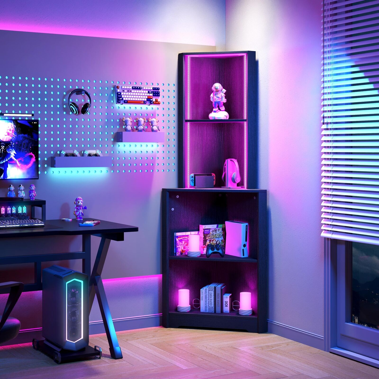 LED Light Corner Shelf with Open Storage