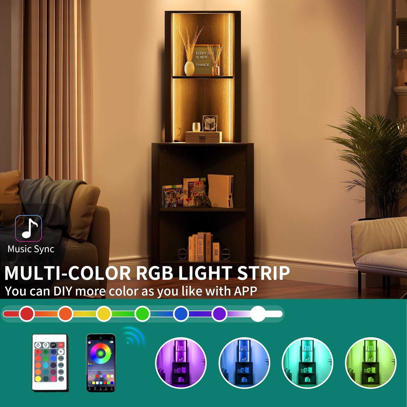 LED Light Corner Shelf with Open Storage