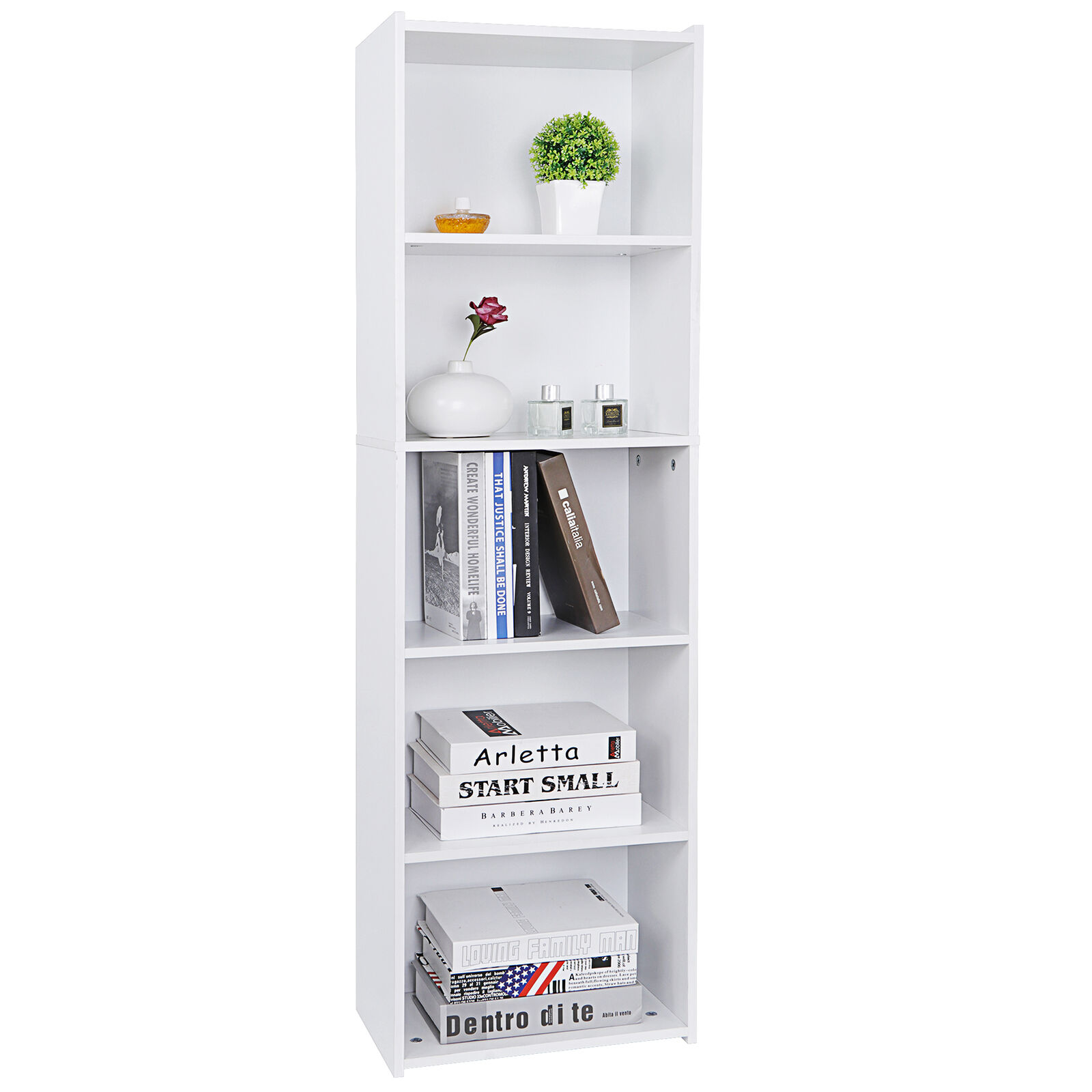 Modern 5-Tier White Bookcase for Living Room Organization