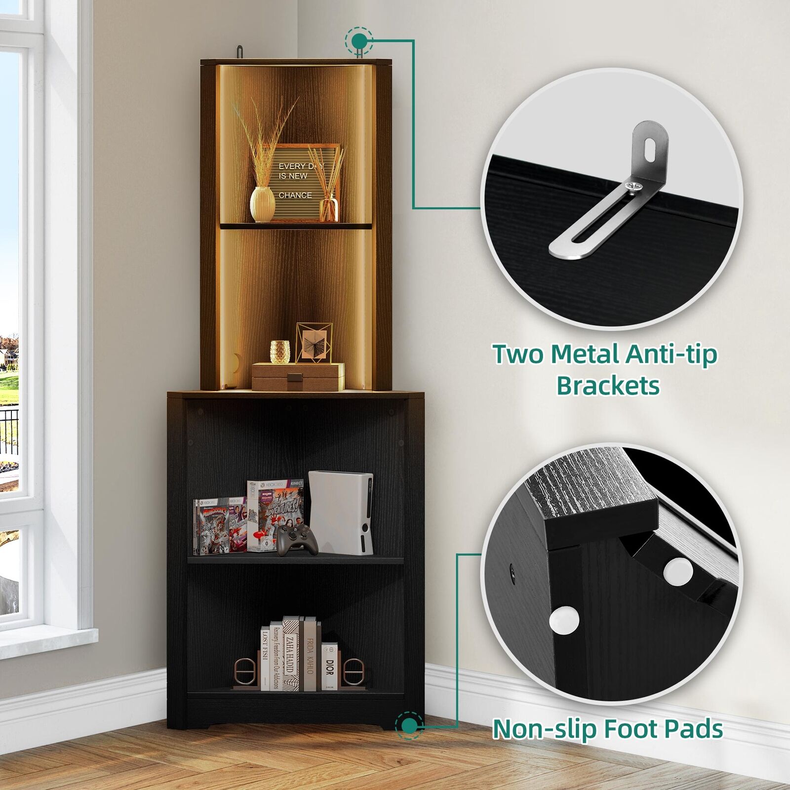 LED Light Corner Shelf with Open Storage