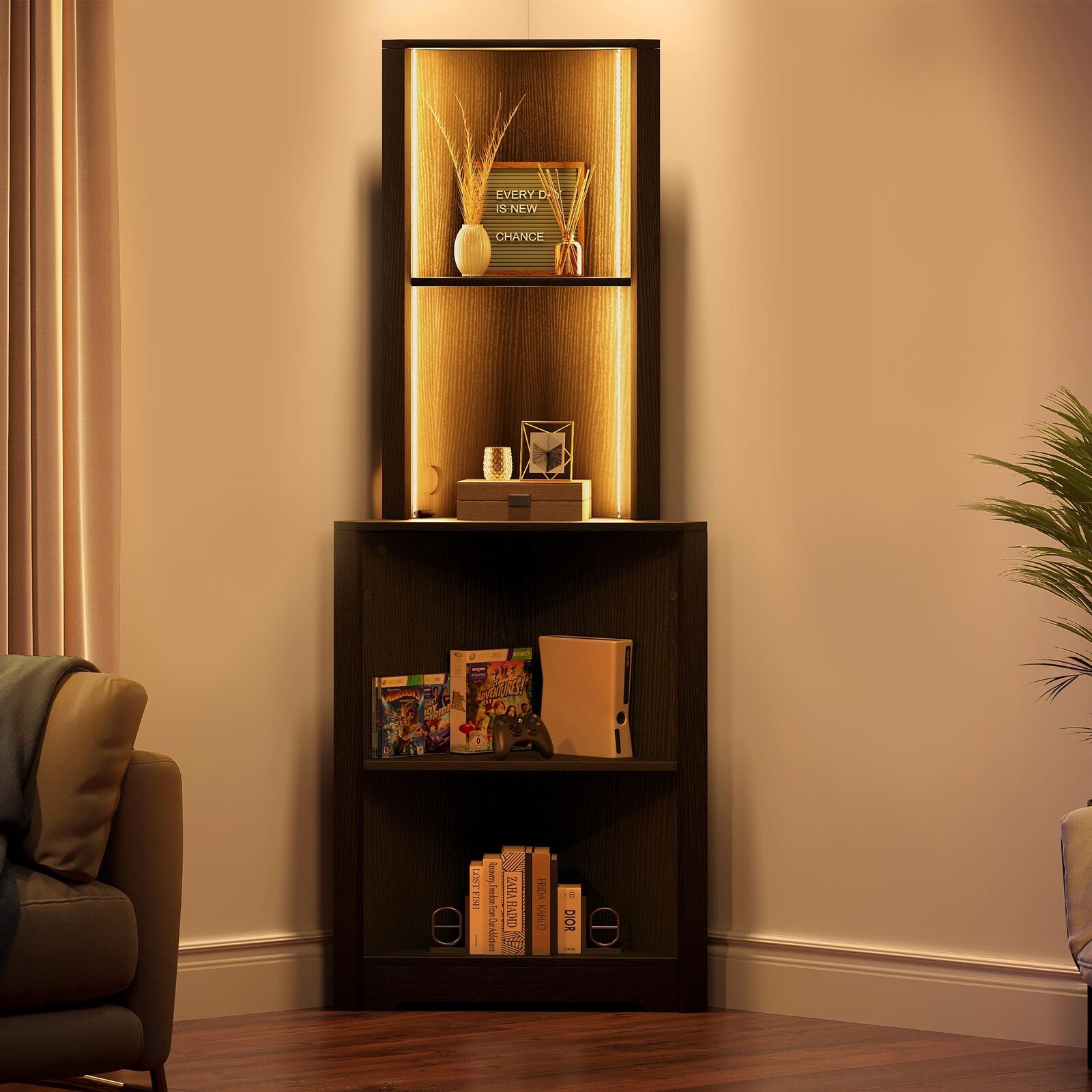 LED Light Corner Shelf with Open Storage