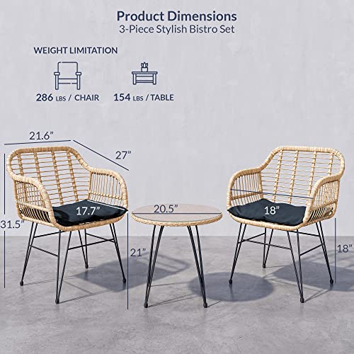 3-Piece Modern Wicker Patio Cafe Set: Table + 2 Chairs
