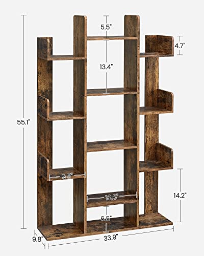 Tree-Shaped Bookshelf with 13 Storage Shelves, Rustic Brown
