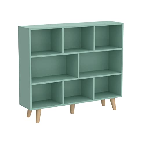 IOTXY Wooden Open Shelf Bookcase - 3-Tier Floor Standing Display Cabinet Rack with Legs, 8 Cubes Bookshelf, Tiffany-Green