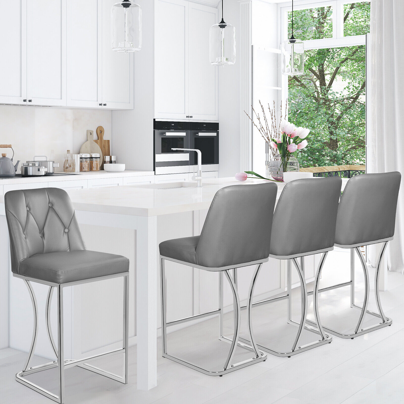 24 inch Bar Stools Set of 4 Leather Counter Height Barstools Kitchen Pub Chairs