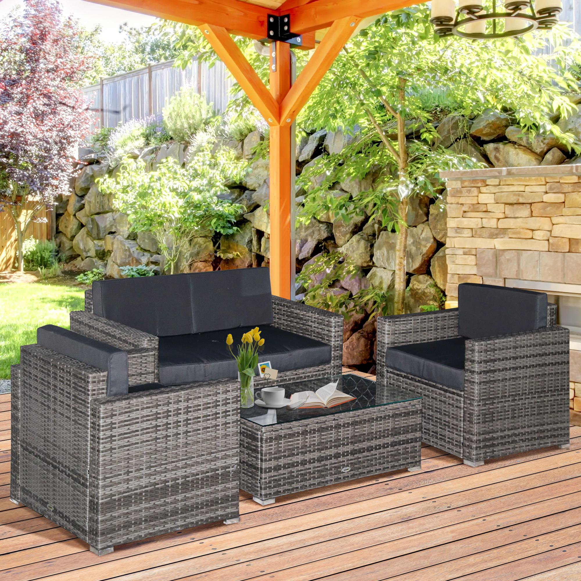 Rattan Wicker Patio Chair/Sectional Set + Glass Coffee Table