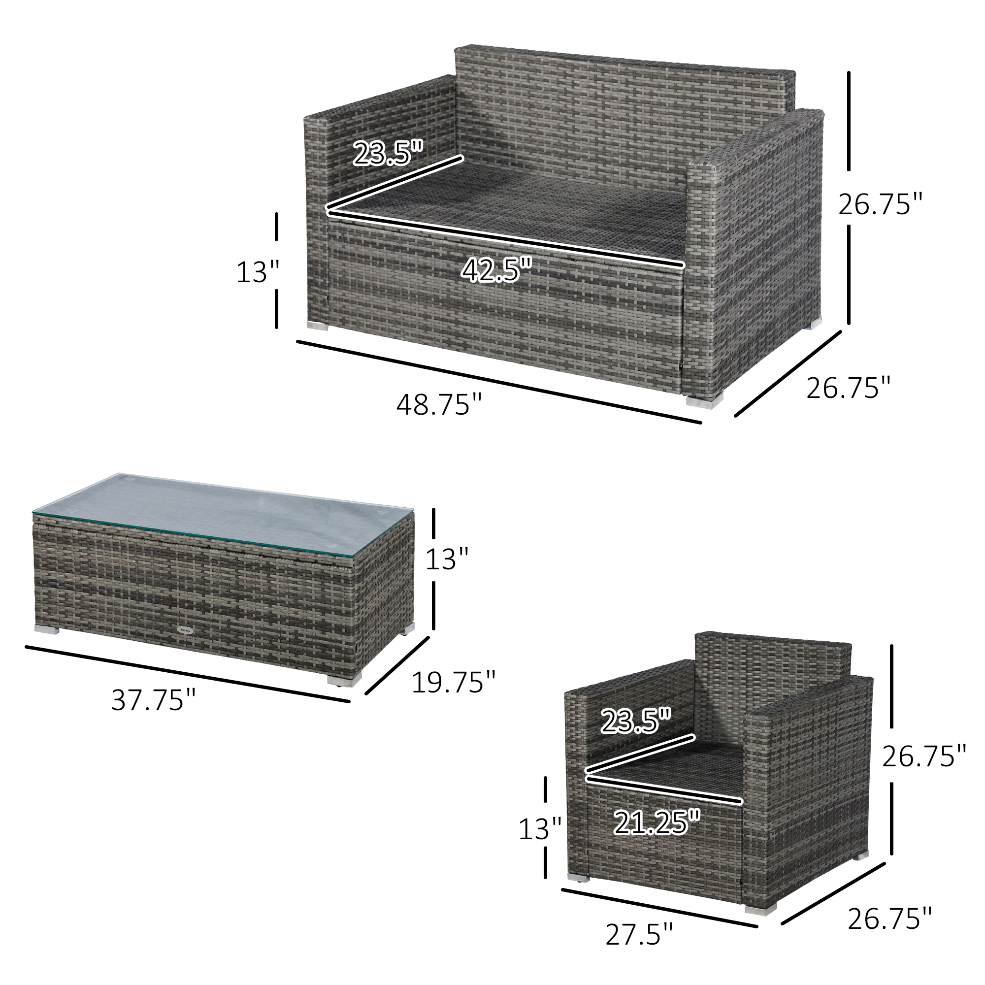 Rattan Wicker Patio Chair/Sectional Set + Glass Coffee Table