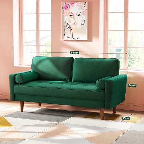 Vesgantti 58 inch Loveseat Sofa, 2-Seater Velvet Couch, Soft Tufted Seat Cushion Love Seats Couch with 2 Throw Pillows, Mid Century Modern Sofa for Small Space, Bedroom, Apartment, Living Room