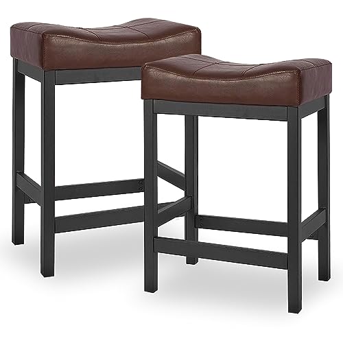 KATDANS Bar Stools Set of 2-Counter Height Stools, 24 Inch Saddle Stool-PU Leather Kitchen Stools, Brown Seat-Black Metal Base, KS861P-Brown
