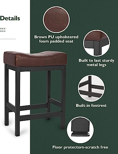 KATDANS Bar Stools Set of 2-Counter Height Stools, 24 Inch Saddle Stool-PU Leather Kitchen Stools, Brown Seat-Black Metal Base, KS861P-Brown