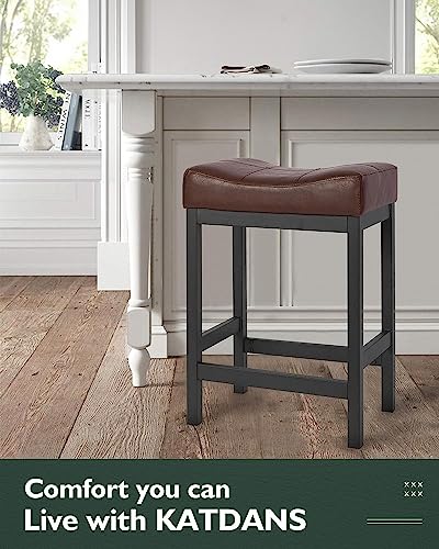 KATDANS Bar Stools Set of 2-Counter Height Stools, 24 Inch Saddle Stool-PU Leather Kitchen Stools, Brown Seat-Black Metal Base, KS861P-Brown