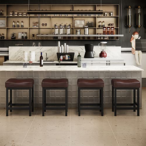 KATDANS Bar Stools Set of 2-Counter Height Stools, 24 Inch Saddle Stool-PU Leather Kitchen Stools, Brown Seat-Black Metal Base, KS861P-Brown
