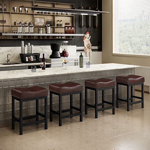KATDANS Bar Stools Set of 2-Counter Height Stools, 24 Inch Saddle Stool-PU Leather Kitchen Stools, Brown Seat-Black Metal Base, KS861P-Brown
