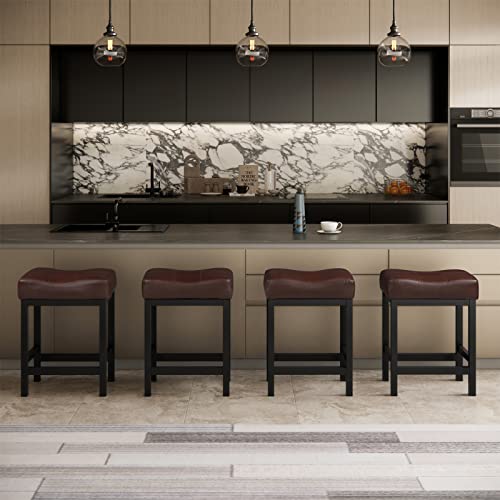 KATDANS Bar Stools Set of 2-Counter Height Stools, 24 Inch Saddle Stool-PU Leather Kitchen Stools, Brown Seat-Black Metal Base, KS861P-Brown