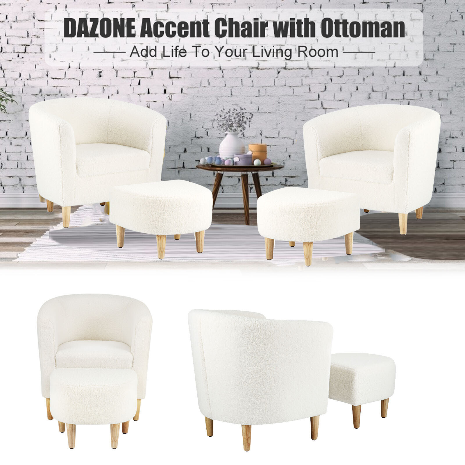 White Sherpa Accent Arm Chair & Ottoman Set