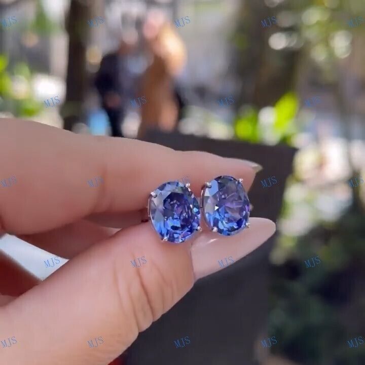 Tanzanite Oval Cut Stud Earrings in 925 Silver