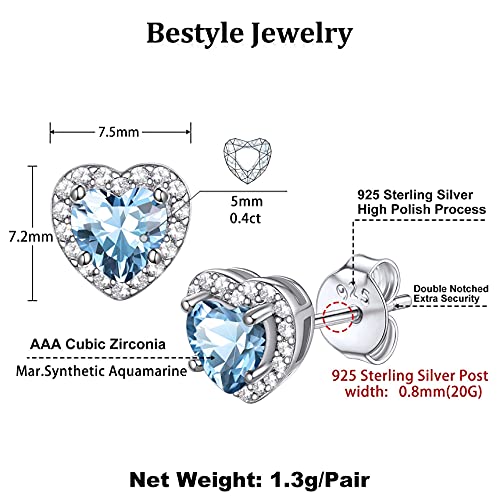 March Aquamarine Birthstone Heart Earrings, Hypoallergenic Sterling Silver