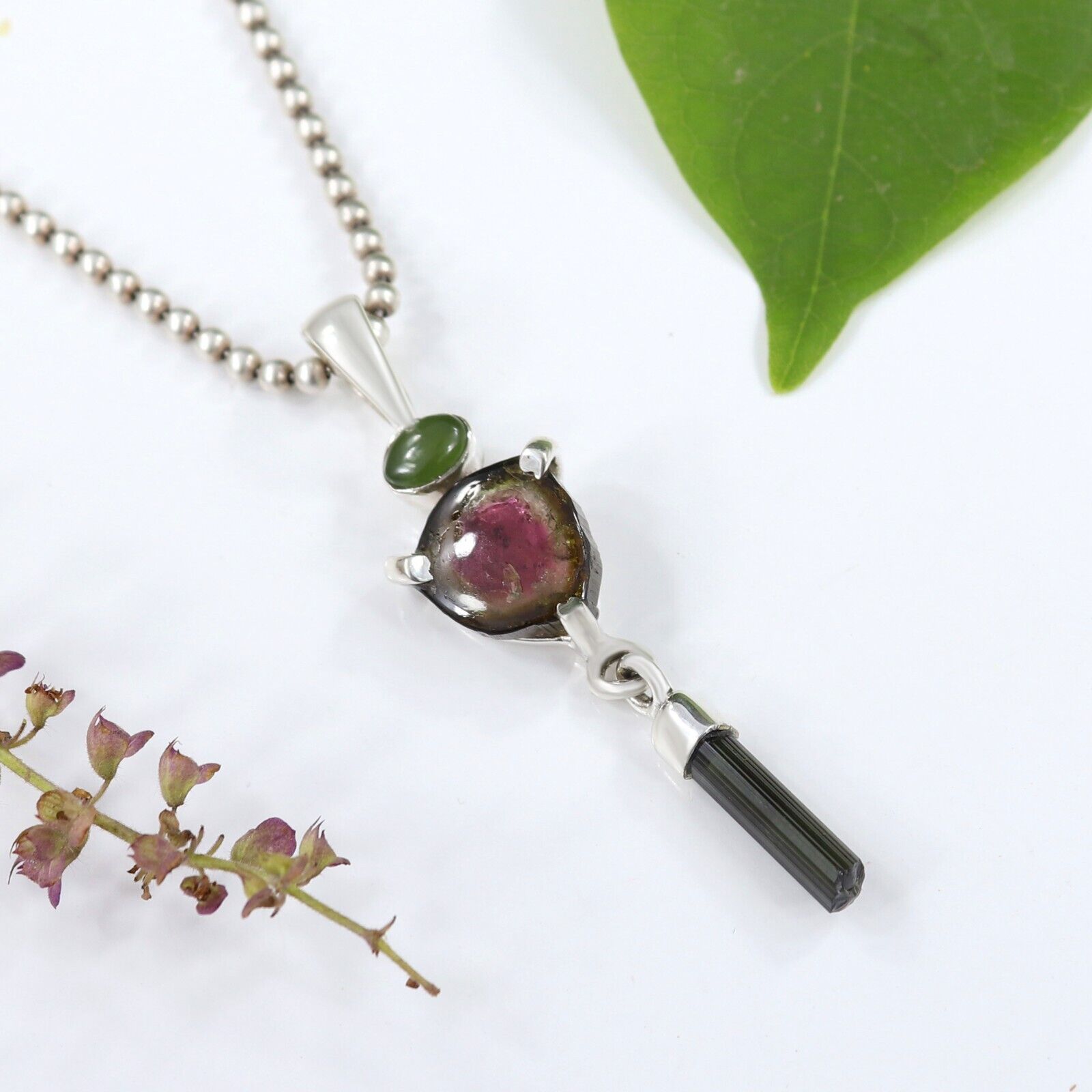 Handmade Watermelon Tourmaline Pendant Necklace in Sterling Silver
