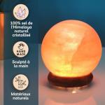 100% Authentic Natural Himalayan Salt Crystal Sphere USB Lamp - Hand Carved - Wooden Base - USB Electric Cable Provided - Approx 500g - Zen'Light Orange