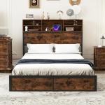COSTWAY Rustic Metal Bed Frame with Charging Station