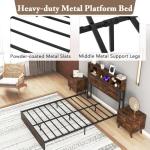 COSTWAY Rustic Metal Bed Frame with Charging Station