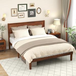 Solid Acacia Wood Bed Frame with Retro Headboard