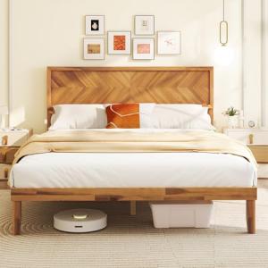 COSTWAY Solid Acacia Wood Bed Frame with Storage